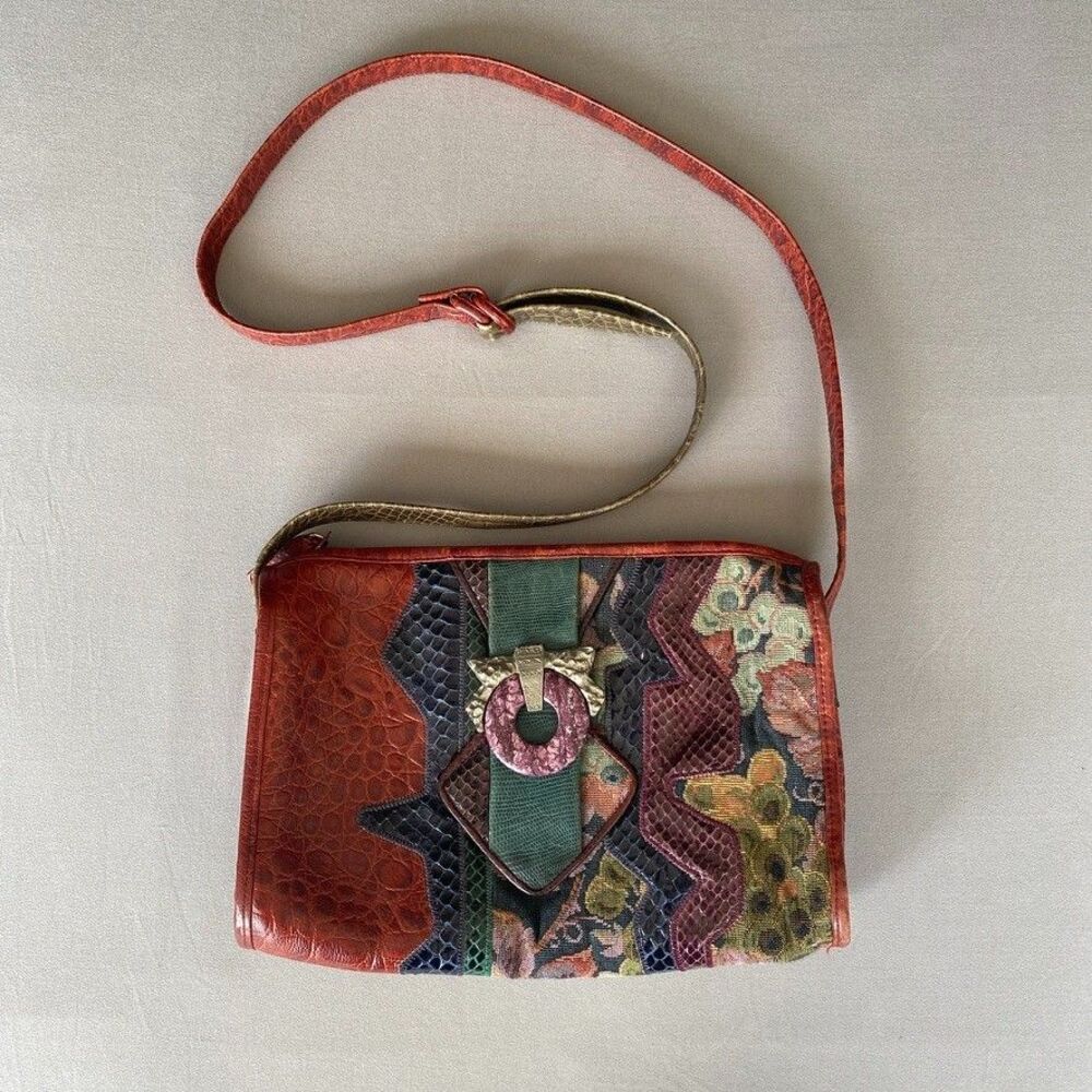 Vintage Sharif USA Patchwork Leather Shoulder Bag Floral Snakeskin Boho Purse